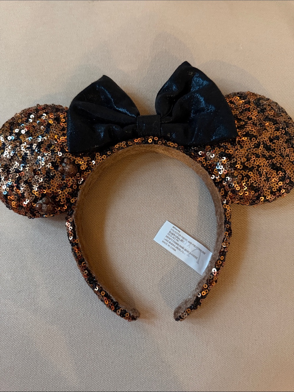 Disney Leopard Sequin Minnie Mouse Ear Headband with Black Bow Hawaii